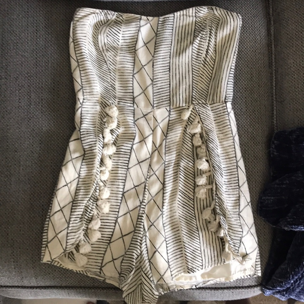 Ivory and black printed strapless romper